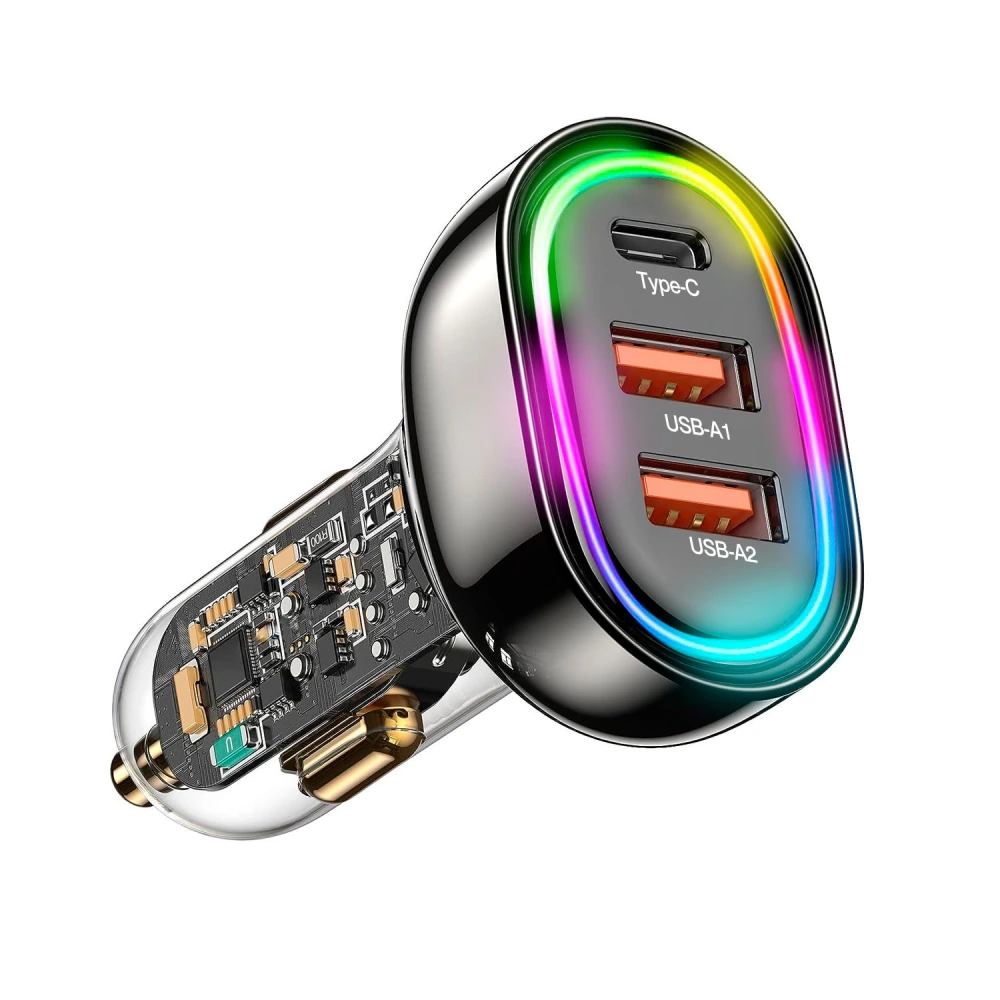 USB car charger with two USB-A ports and one Type-C port, featuring a sleek black design and a colorful LED light ring for enhanced visibility.