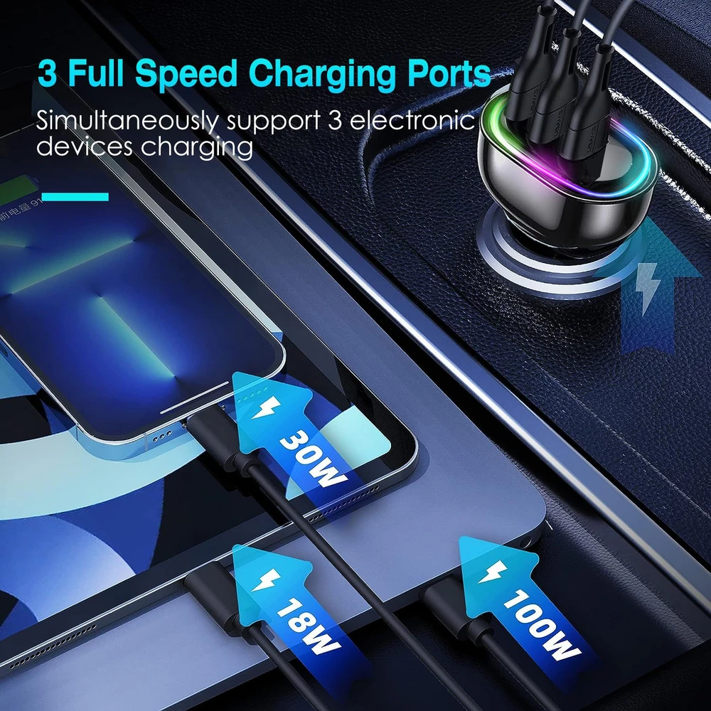High-speed charging hub showing three devices connected with cables, displaying power outputs of 30W, 18W, and 100W, designed for simultaneous charging of multiple electronics.