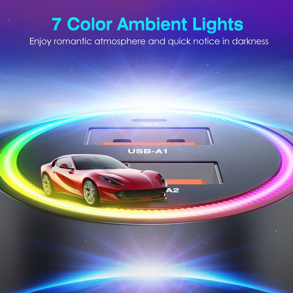 USB car charger with 7 color ambient lights, featuring two USB ports labeled USB-A1 and USB-A2, and a Type-C port, providing a stylish charging solution for drivers.