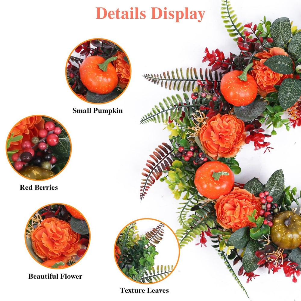 Colorful artificial fall floral arrangement featuring small pumpkins, red berries, vibrant flowers, and textured green leaves, ideal for seasonal decoration.