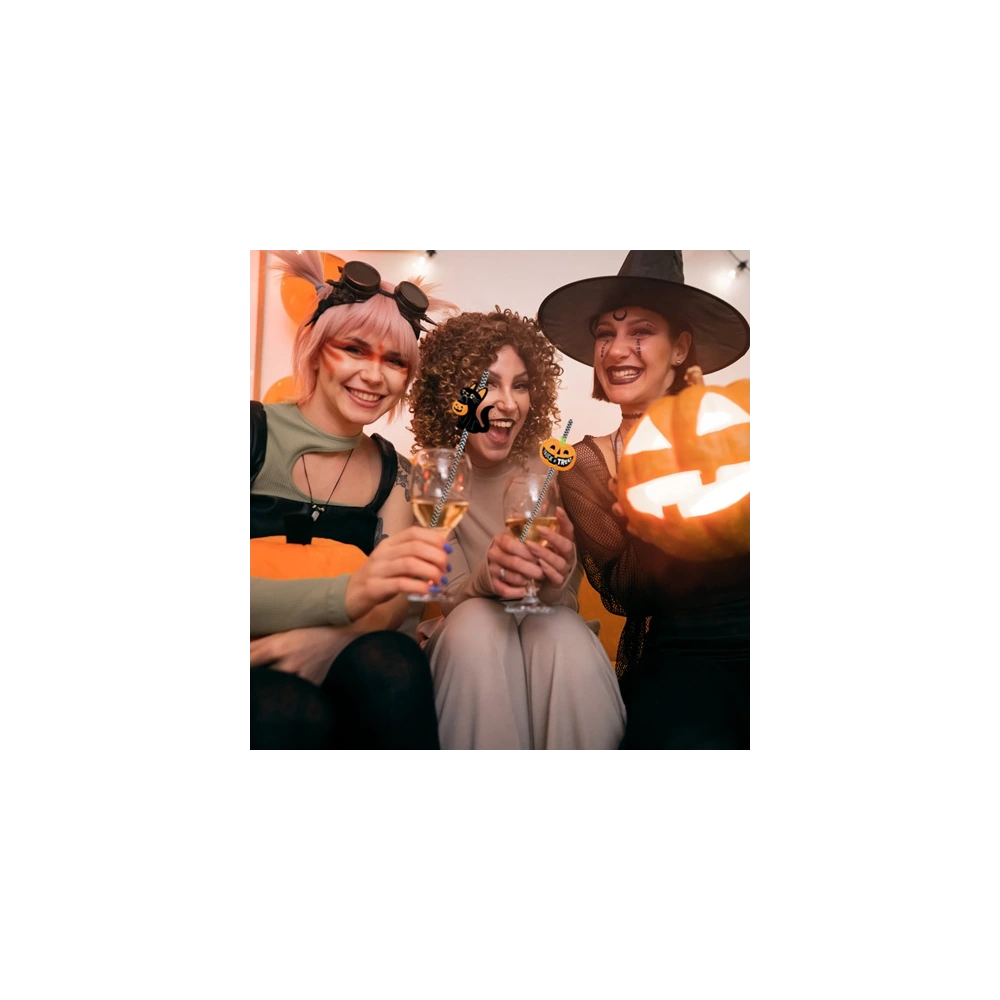 Three friends celebrating Halloween, dressed in festive costumes, holding champagne glasses, with a decorative pumpkin in the foreground and a cheerful ambiance.