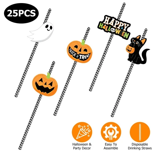 25-piece Halloween-themed disposable drinking straws featuring designs of ghosts, pumpkins, and black cats, perfect for festive parties and easy assembly.