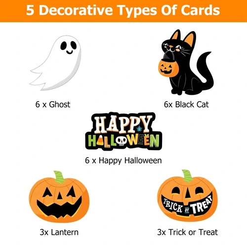 Illustration showing five decorative types of Halloween cards: 6 ghost cards, 6 black cat cards, 6 "Happy Halloween" cards, 3 lantern cards, and 3 "Trick or Treat" cards, each with colorful designs.