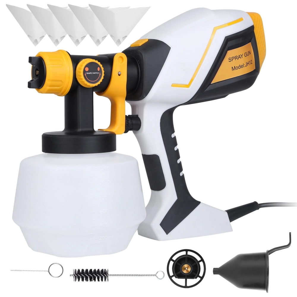 Electric spray gun model JH12 with a white paint container, adjustable nozzle, cleaning brush, and funnel, ideal for painting and DIY projects.