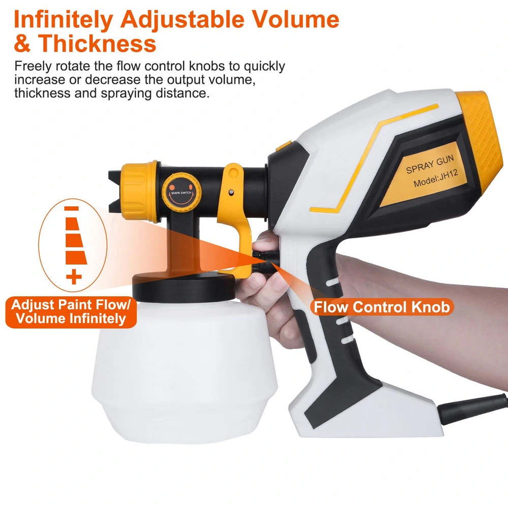 Electric spray gun with adjustable flow control knobs for fine-tuning paint volume, thickness, and spraying distance, featuring a modern design and ergonomic grip.