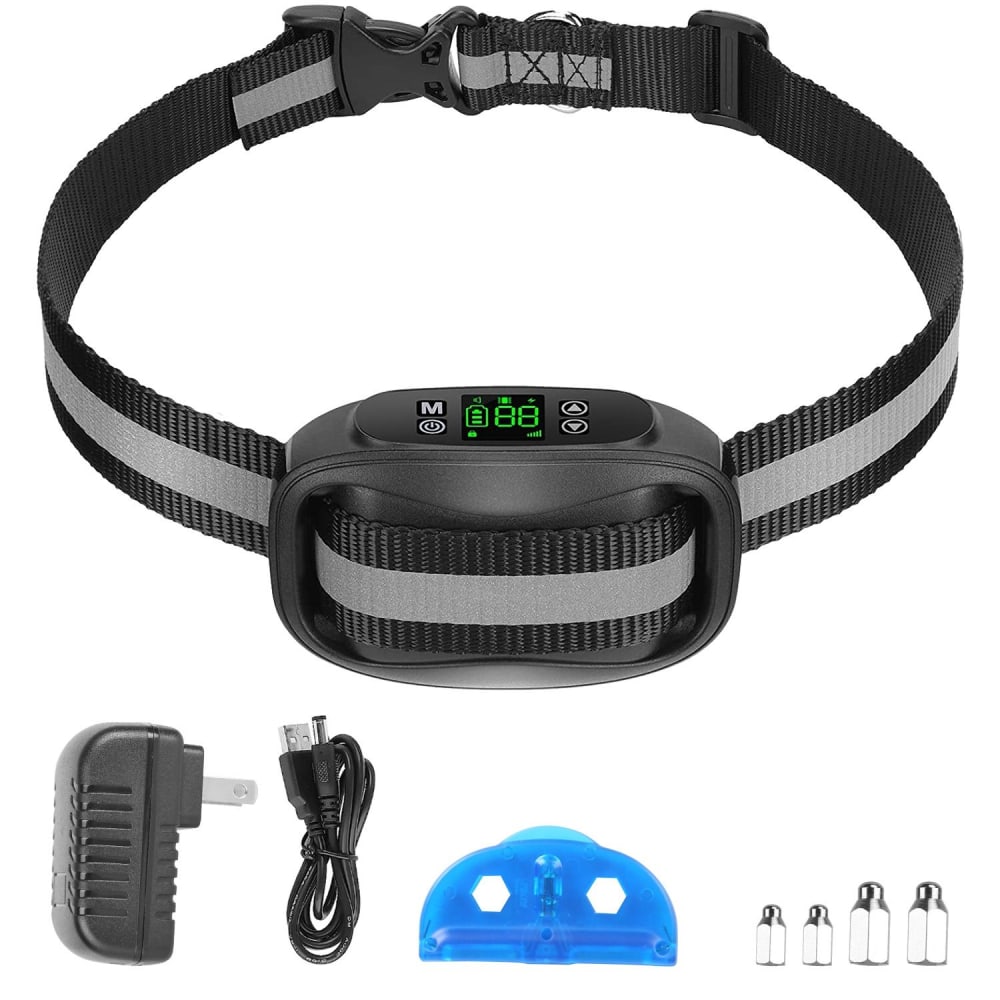 Adjustable pet training collar with digital display, USB charger, and multiple adjustment screws, designed for effective dog training and behavior modification.