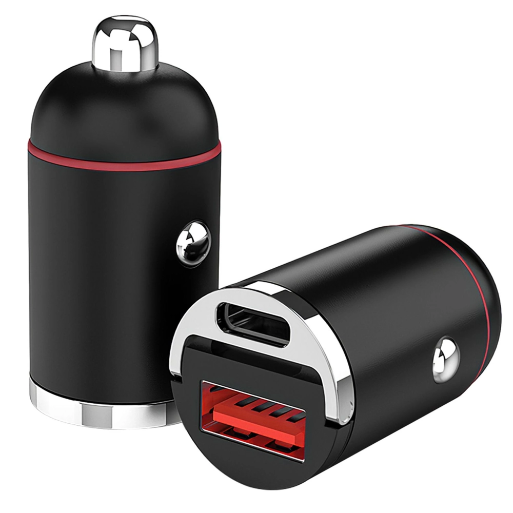 USB car charger with dual ports in sleek black design featuring chrome accents, ideal for charging devices on the go.