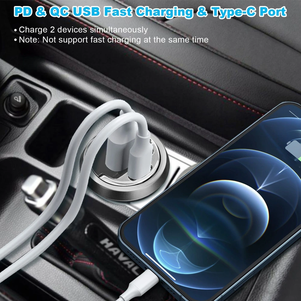 Car USB fast charger with dual ports, showing white cables connected to a smartphone, highlighting PD and QC fast charging capabilities in a vehicle's center console.