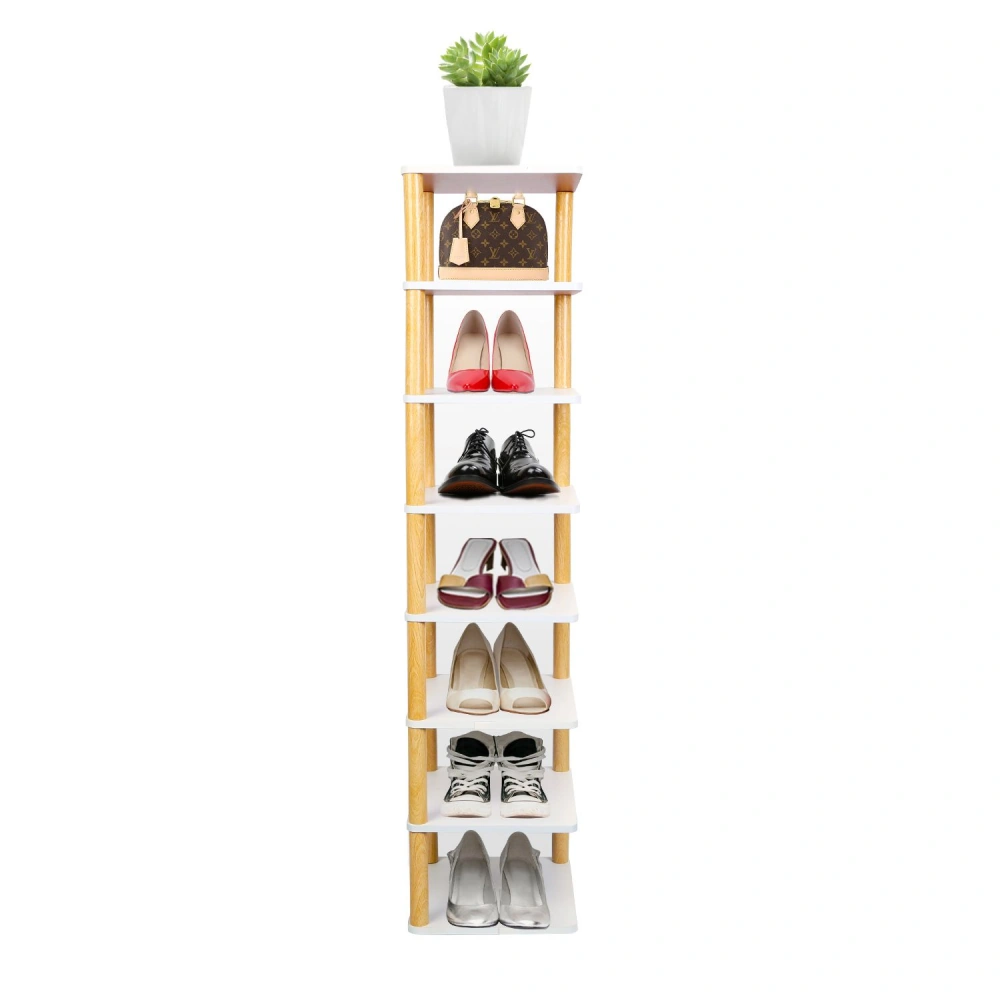 Stylish shoe rack with multiple shelves displaying various footwear including high heels, dress shoes, and sneakers, topped with a potted plant for a decorative touch.