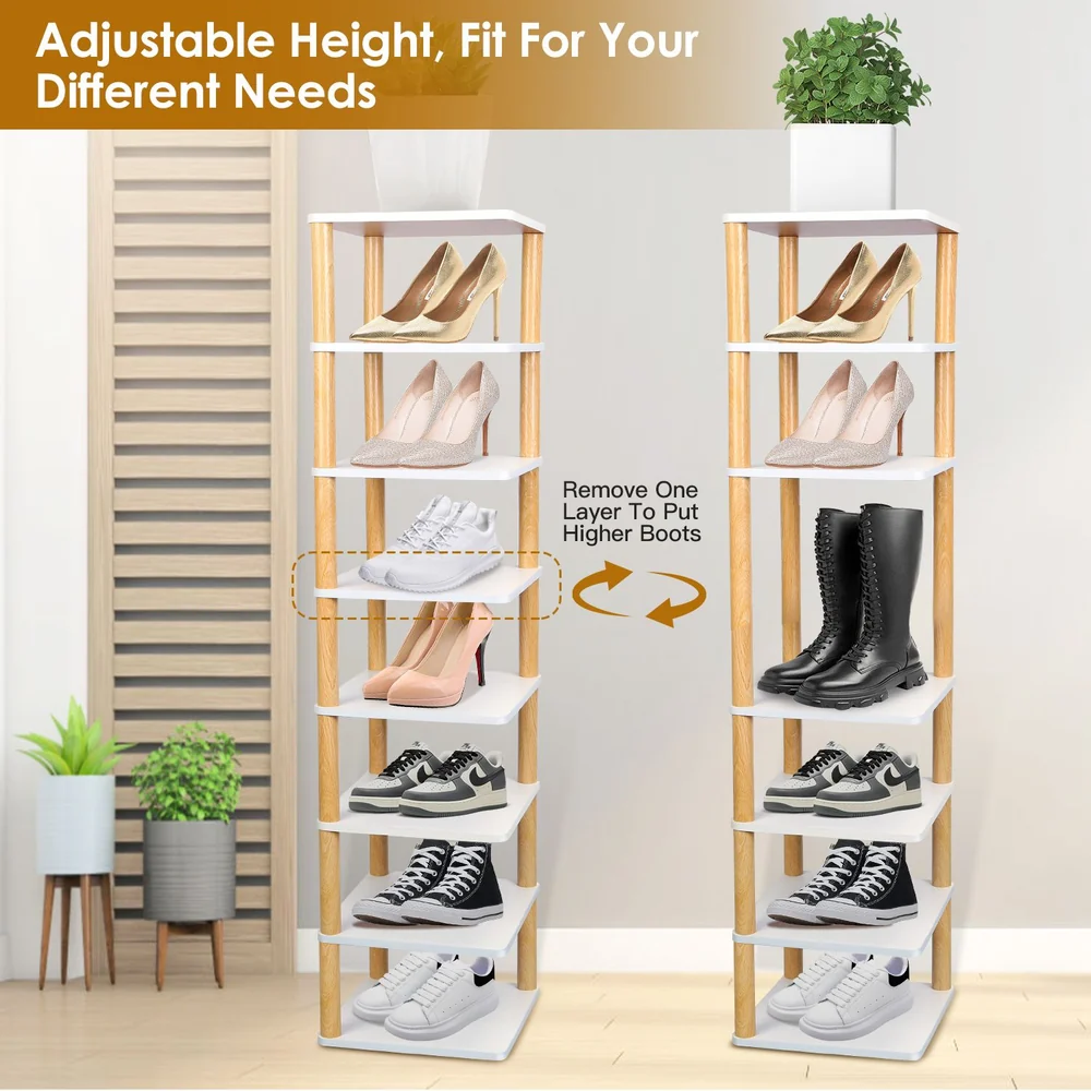 Adjustable shoe rack with multiple shelves displaying various types of footwear, including heels, sneakers, and boots, designed to meet diverse storage needs.