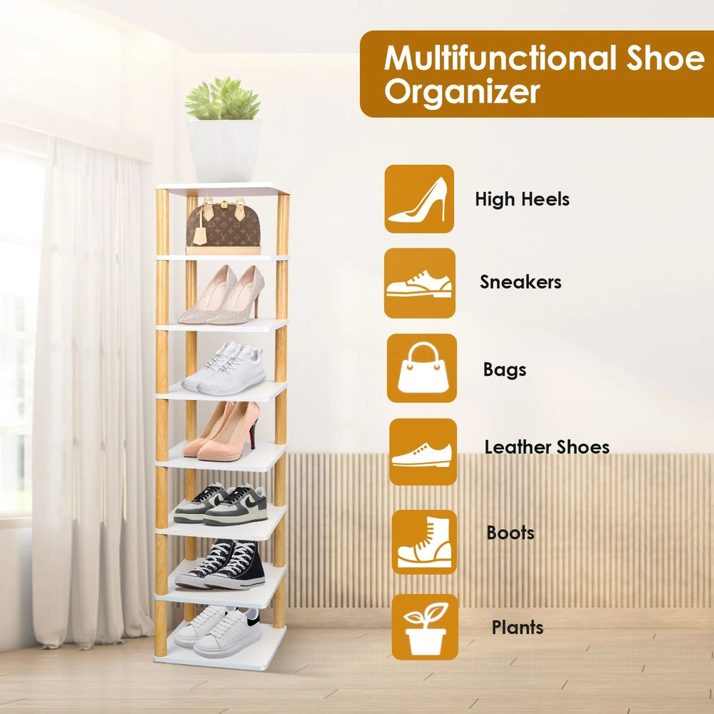 Multifunctional wooden shoe organizer with multiple shelves displaying various types of shoes and bags, topped with a potted plant, ideal for home storage solutions.