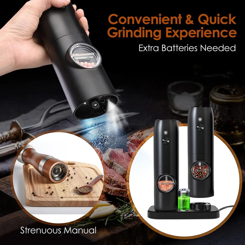 Electric spice grinder with a sleek black design, showcasing a user-friendly top chamber and a display of freshly ground spices, perfect for quick and effortless seasoning in the kitchen.