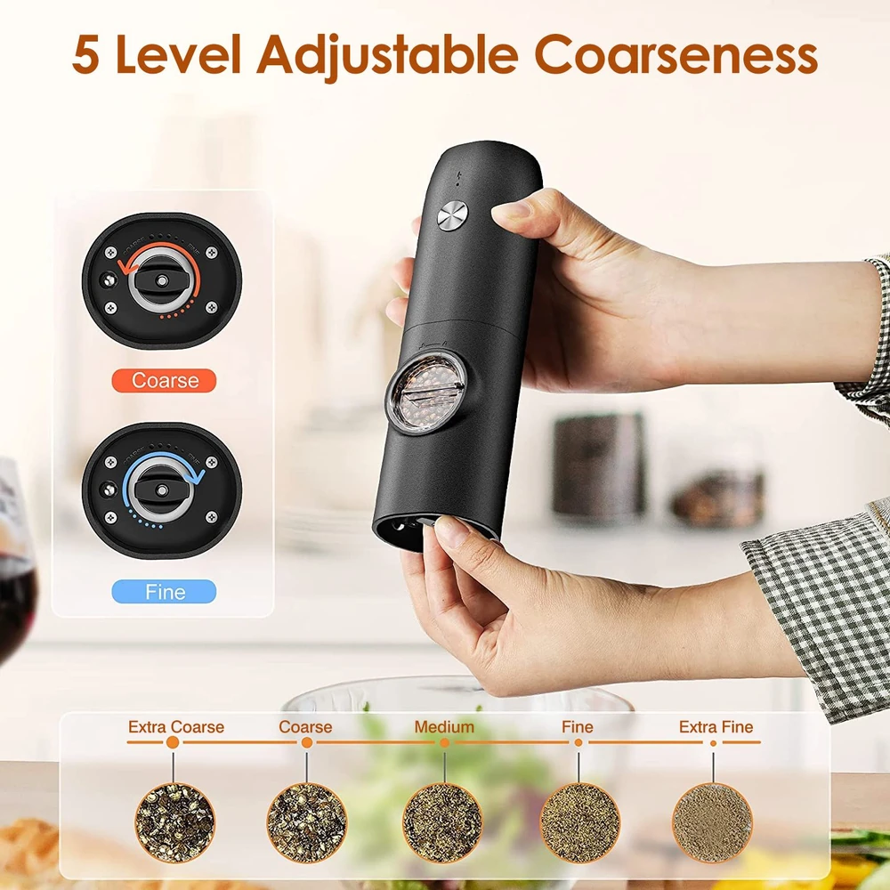 Electric pepper mill with five adjustable coarseness settings, held in a hand, showcasing its versatility for grinding spices to extra coarse, coarse, medium, fine, and extra fine textures.