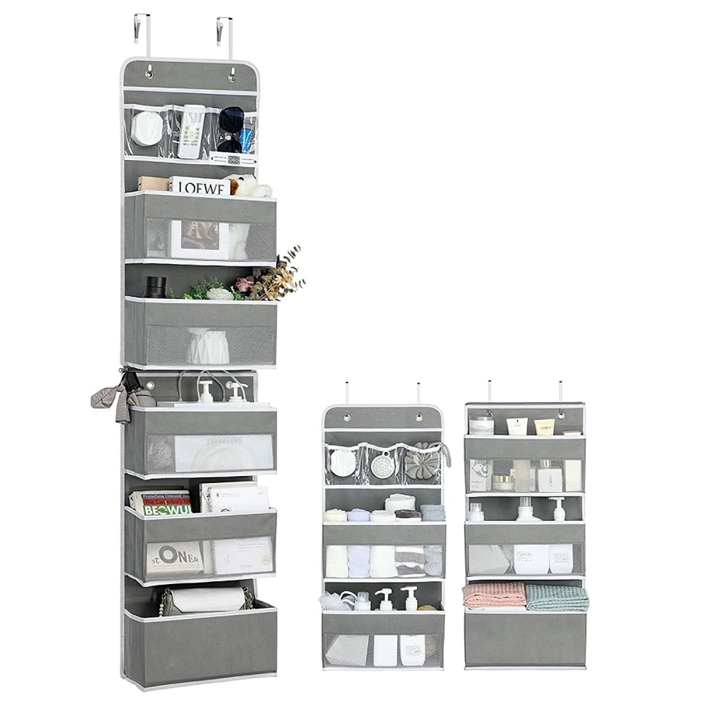 Gray over-the-door organizer with multiple pockets for storage of cosmetics, toiletries, and accessories, featuring a sleek design and easy-hanging hooks.