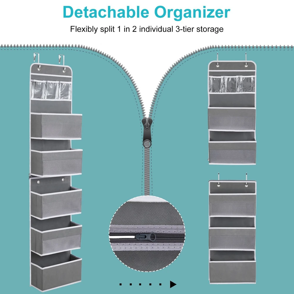 Detachable organizer with two individual 3-tier storage sections in gray, featuring clear pockets and a zipper for customizable organization.