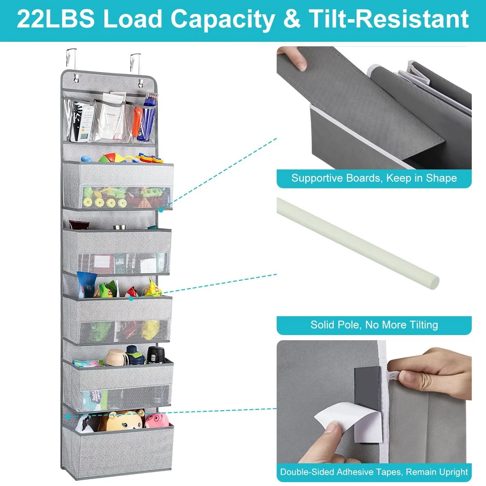 Vertical storage organizer with 22 lbs capacity, featuring multiple mesh pockets, supportive boards for stability, solid pole to prevent tilting, and double-sided adhesive tapes for secure mounting.