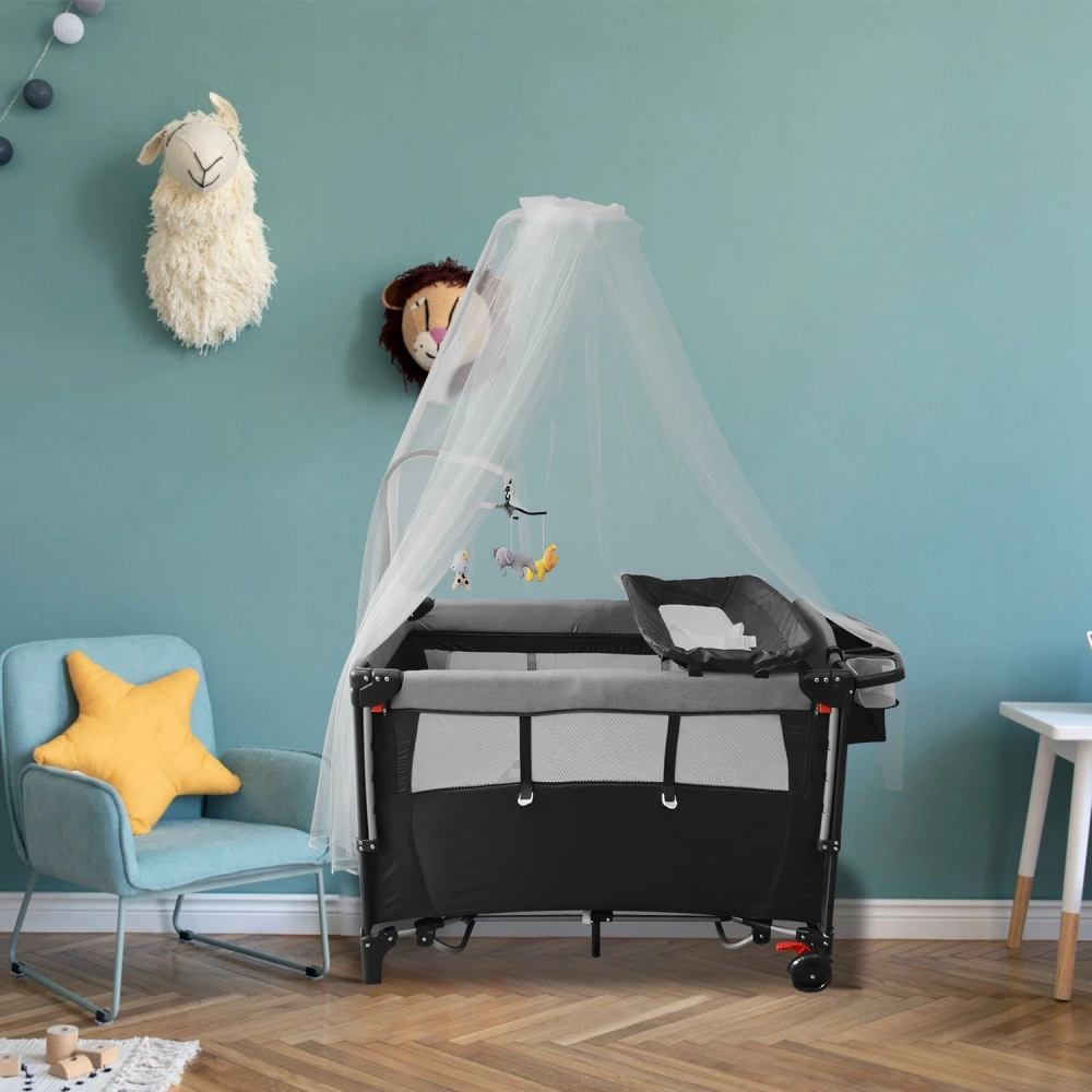 Stylish portable baby bassinet with canopy, featuring a comfortable sleeping area, mobile with plush animals, and mesh sides for breathability, set in a cozy nursery with soft-colored decor.