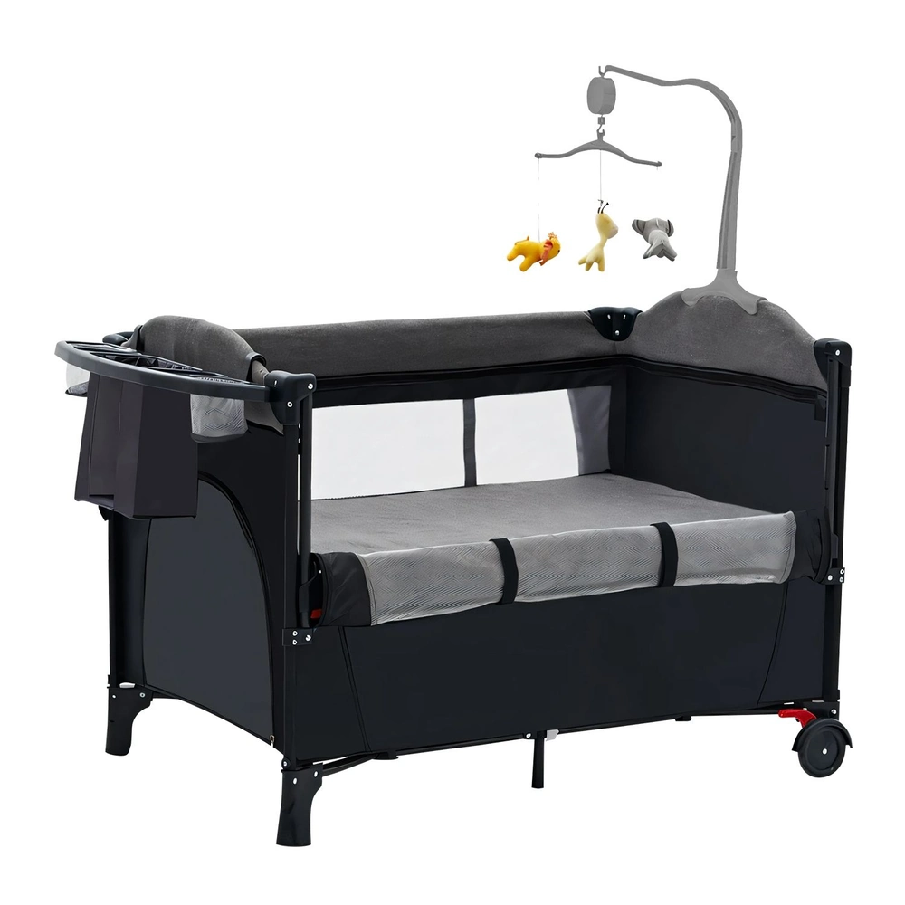 Portable crib with a grey fabric interior, black frame, side mesh panels, and a mobile featuring colorful animal toys, designed for infant comfort and safety.