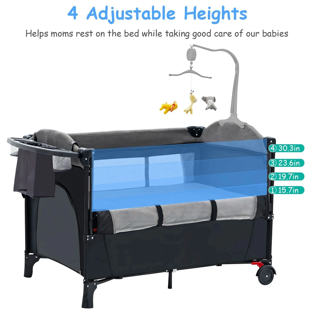 Adjustable height baby co-sleeper bassinet with four height options, equipped with a mobile and a side storage pocket for convenience.