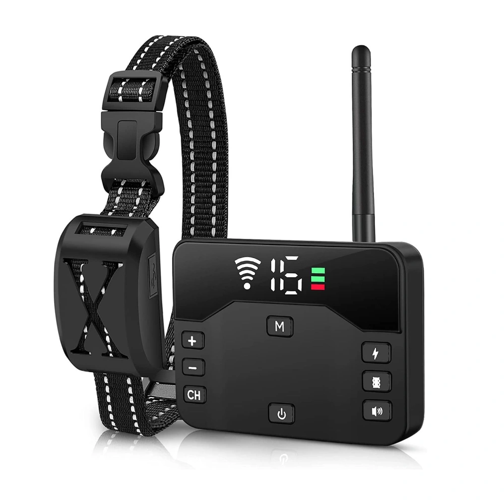 Black wireless dog training collar with adjustable strap, LED display, and control buttons for channel and settings.