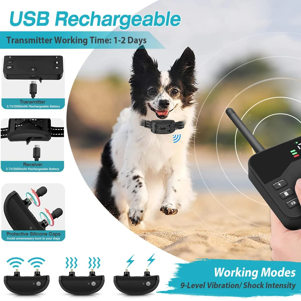 USB rechargeable dog training collar with remote transmitter, featuring a working range indicator and 9-level vibration/shock intensity settings, suitable for effective training of dogs.