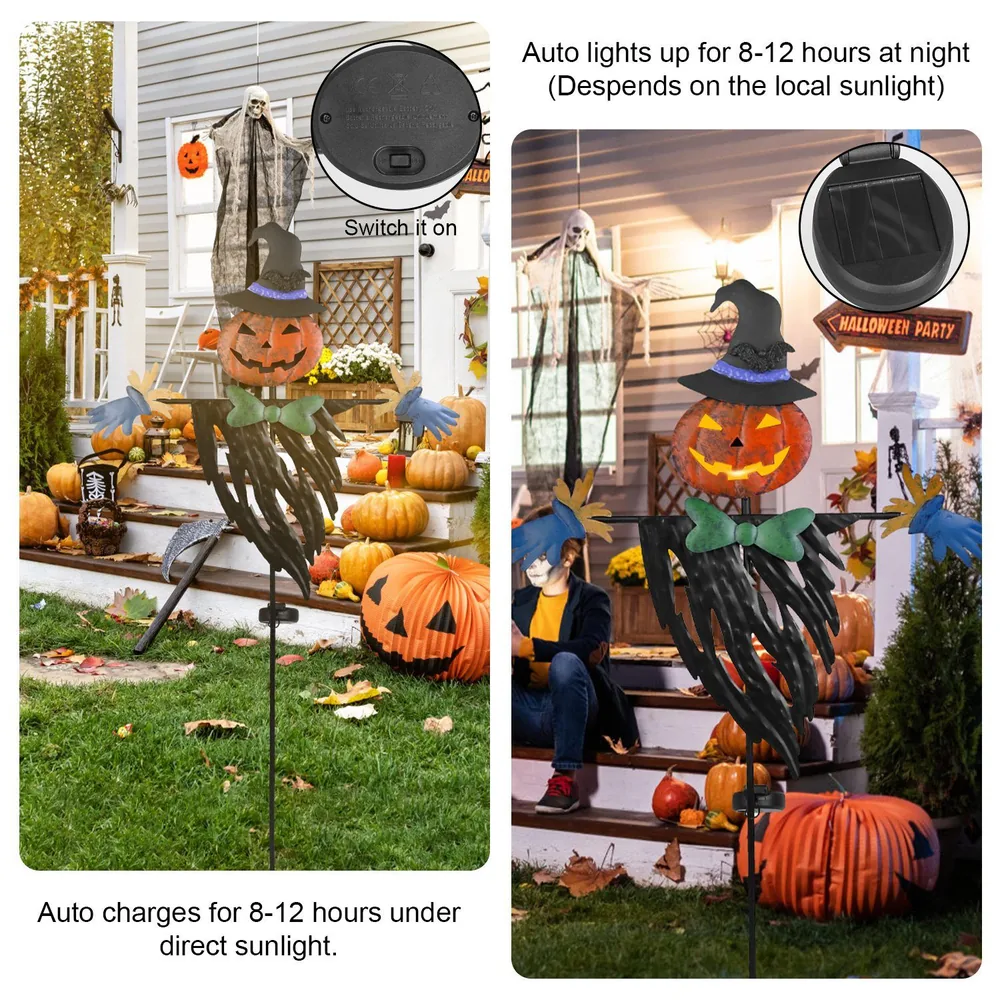 Halloween decorative yard stake featuring a pumpkin-headed scarecrow with a witch hat, illuminated with solar-powered lights, surrounded by autumn pumpkins and festive decor.
