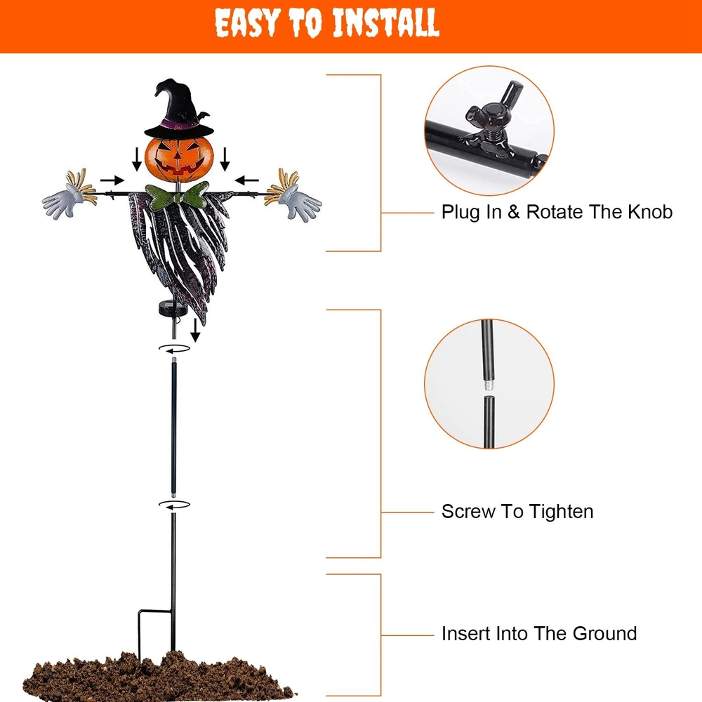 Halloween-themed garden scarecrow decoration featuring a pumpkin head and ghostly arms, showcasing easy installation steps: plug in, tighten screw, and insert into the ground.
