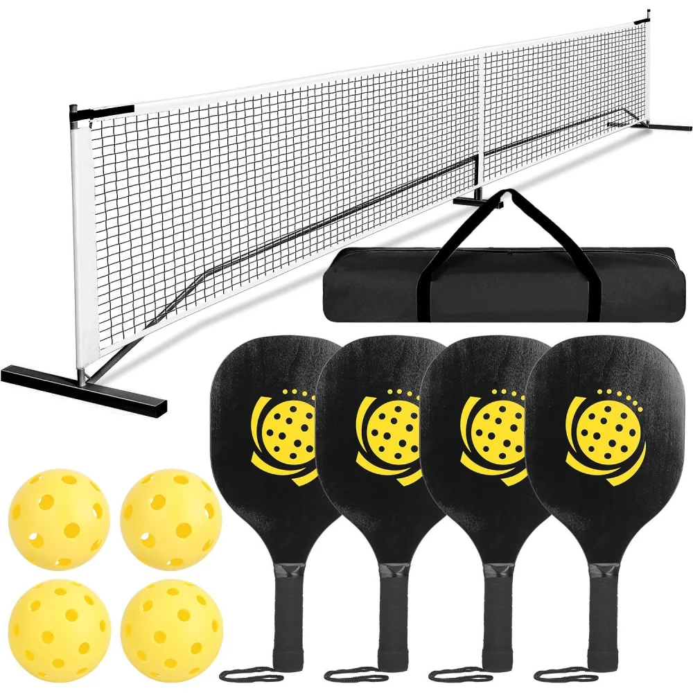 Pickleball set including four paddles, four yellow balls, a net, and a carrying bag. Perfect for outdoor recreational play.
