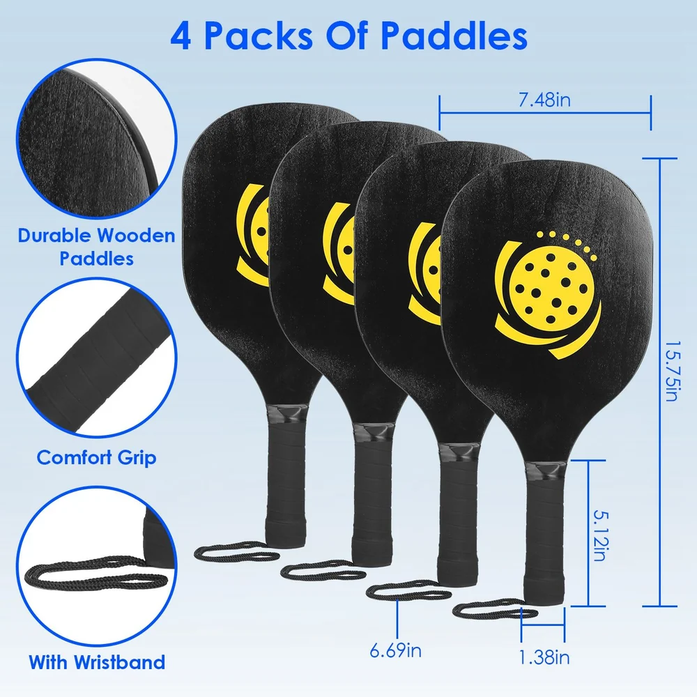 Set of four durable wooden pickleball paddles featuring a comfort grip and wristbands, measuring 7.48 inches wide and 15.75 inches tall.