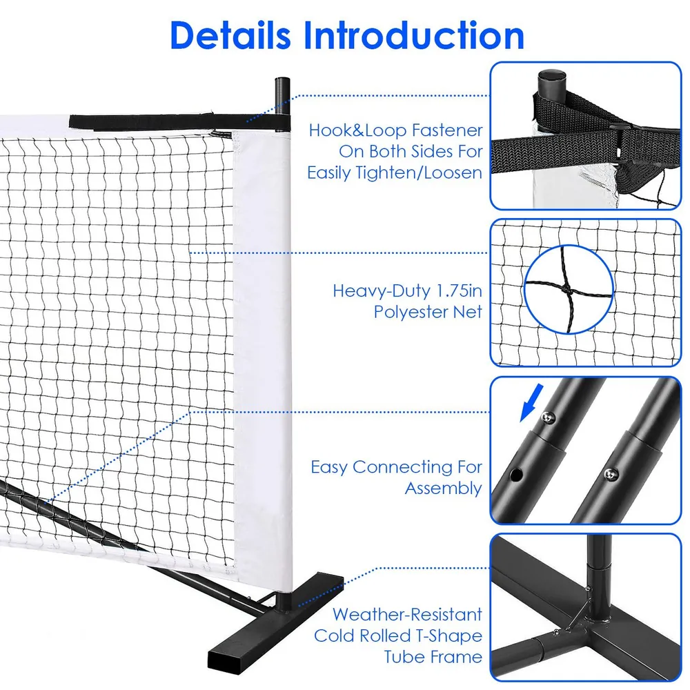 Heavy-duty polyester sports net with weather-resistant frame, featuring hook-and-loop fasteners for easy adjustment and quick assembly connectors.