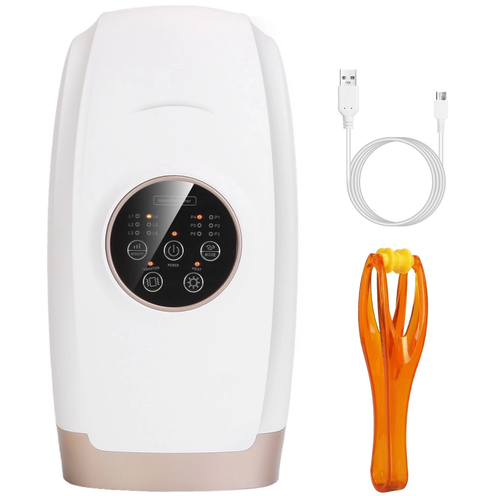 Electric hand massager device with control panel, USB charging cable, and orange roller for increased relaxation and comfort.