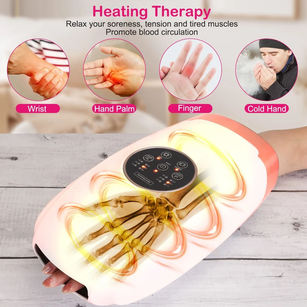 Hand warming heating therapy device with a control panel and visual representation of improved blood circulation, targeting wrist, palm, and finger comfort.