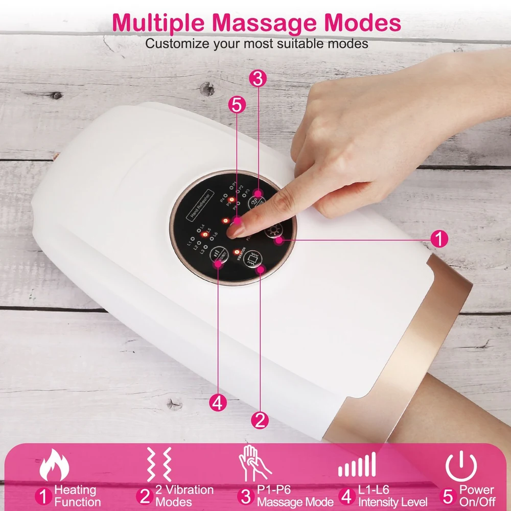 Electric massager featuring a customizable control panel with multiple massage modes, heating function, and varying intensity settings, designed for user comfort and relaxation.