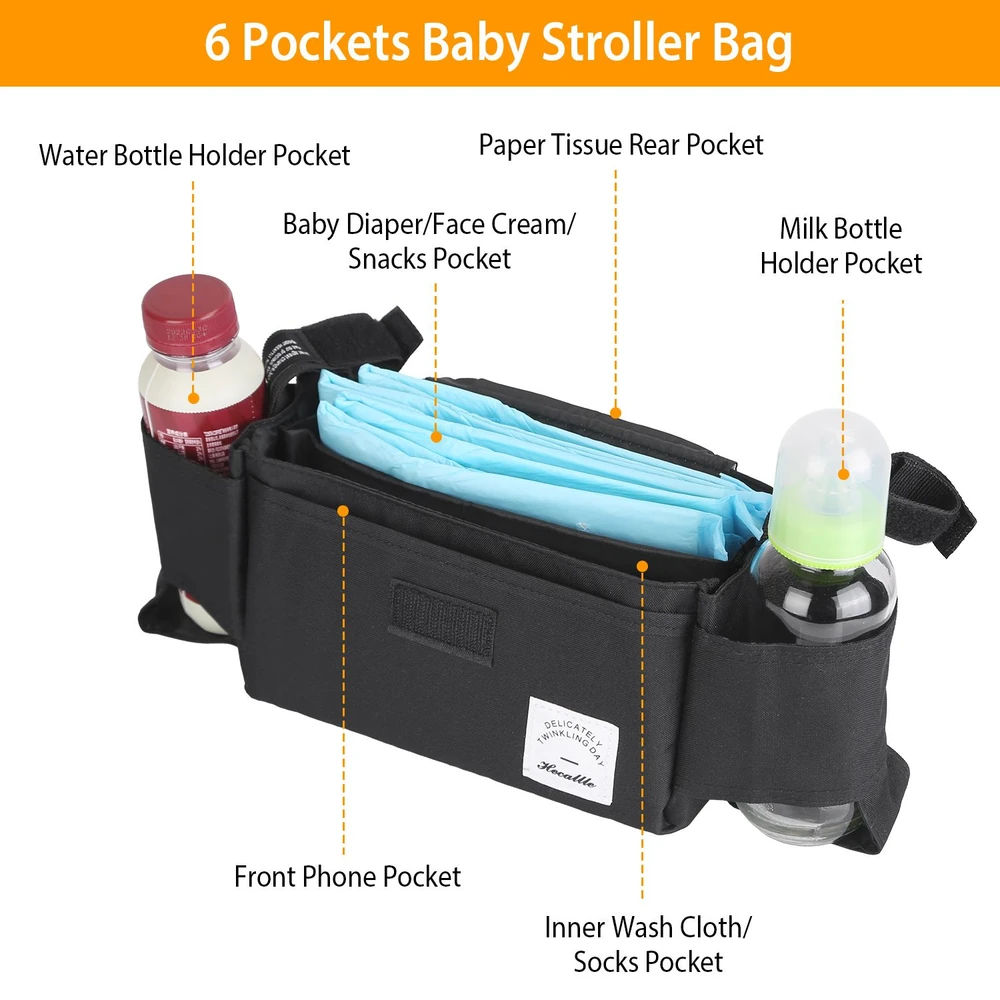 Black baby stroller bag featuring six pockets, including water bottle holder, milk bottle holder, baby diaper/snacks pocket, paper tissue pocket, front phone pocket, and inner wash cloth/socks pocket, designed for convenient organization during outings.