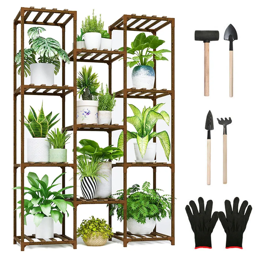 Wooden plant stand with various potted plants, including ferns and succulents, alongside gardening tools and gloves.