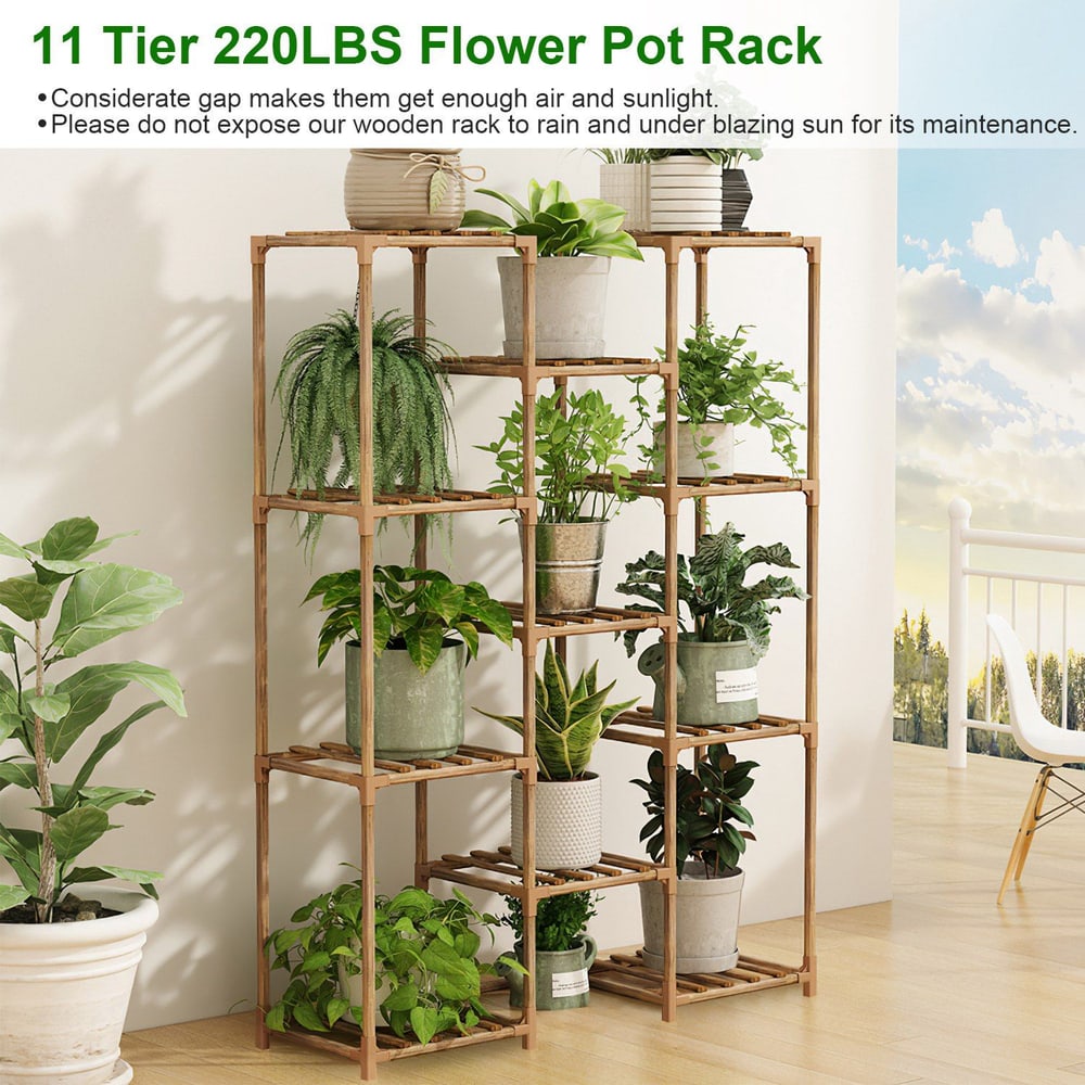 11-tier wooden flower pot rack with multiple potted plants, designed to hold up to 220 pounds, featuring gaps for air circulation and sunlight exposure in a bright, airy room.
