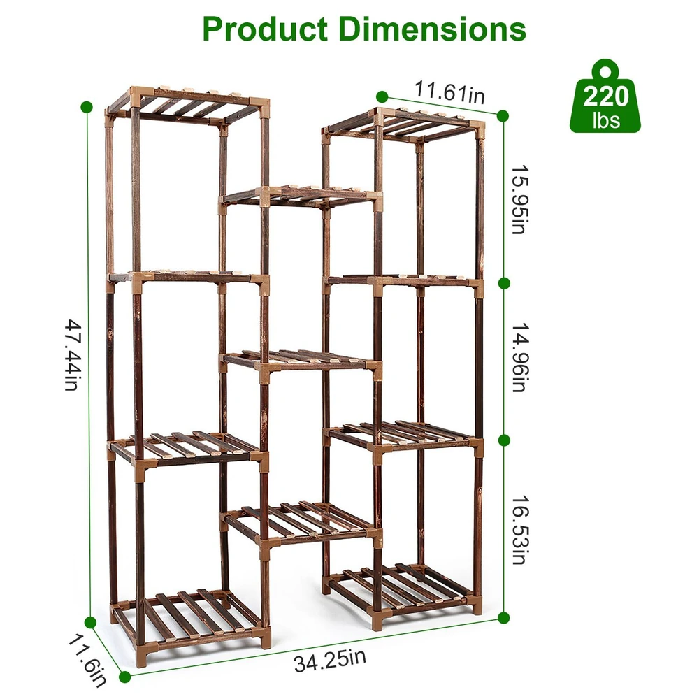 Product image of a multi-tiered wooden shelving unit with dimensions labeled: 47.44in height, 34.25in width, 11.61in depth, and a weight capacity of 220 lbs.