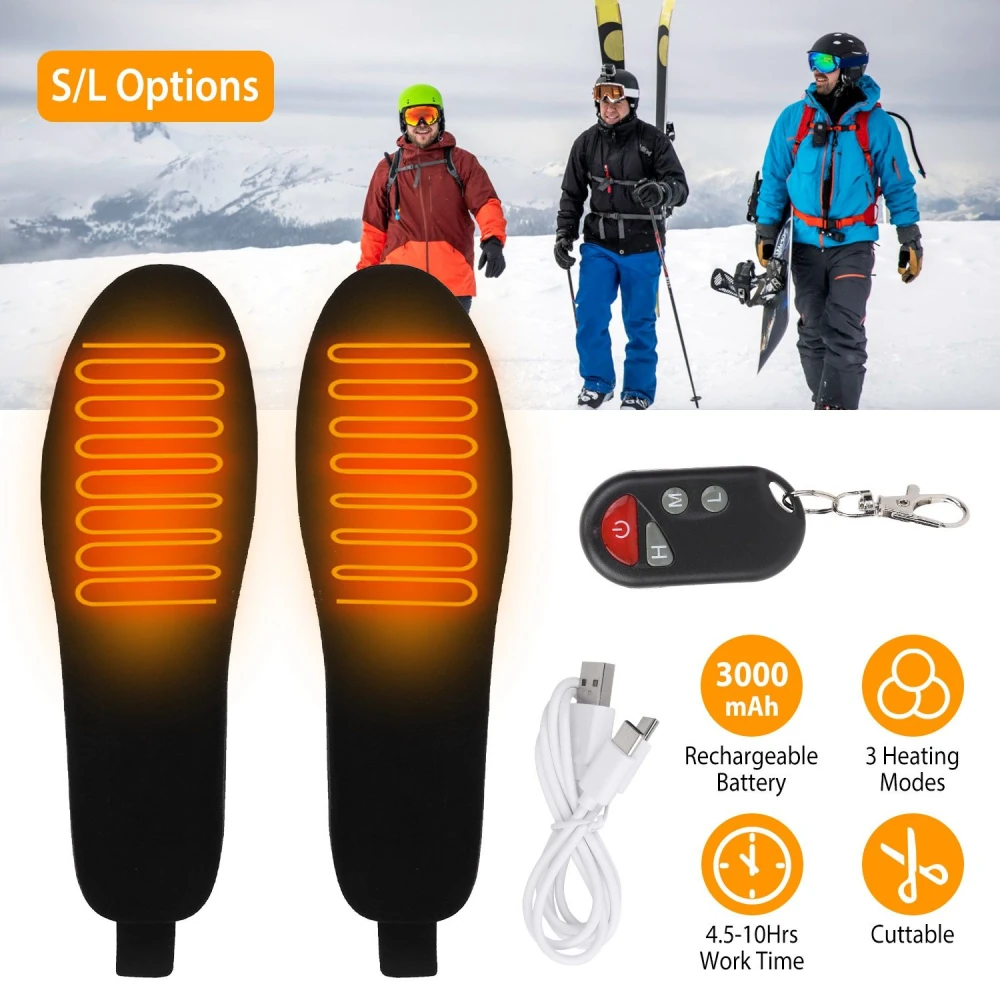 Rechargeable heated shoe insoles with remote control, featuring adjustable heating modes, cuttable design for custom fit, and long battery life, ideal for outdoor winter activities.