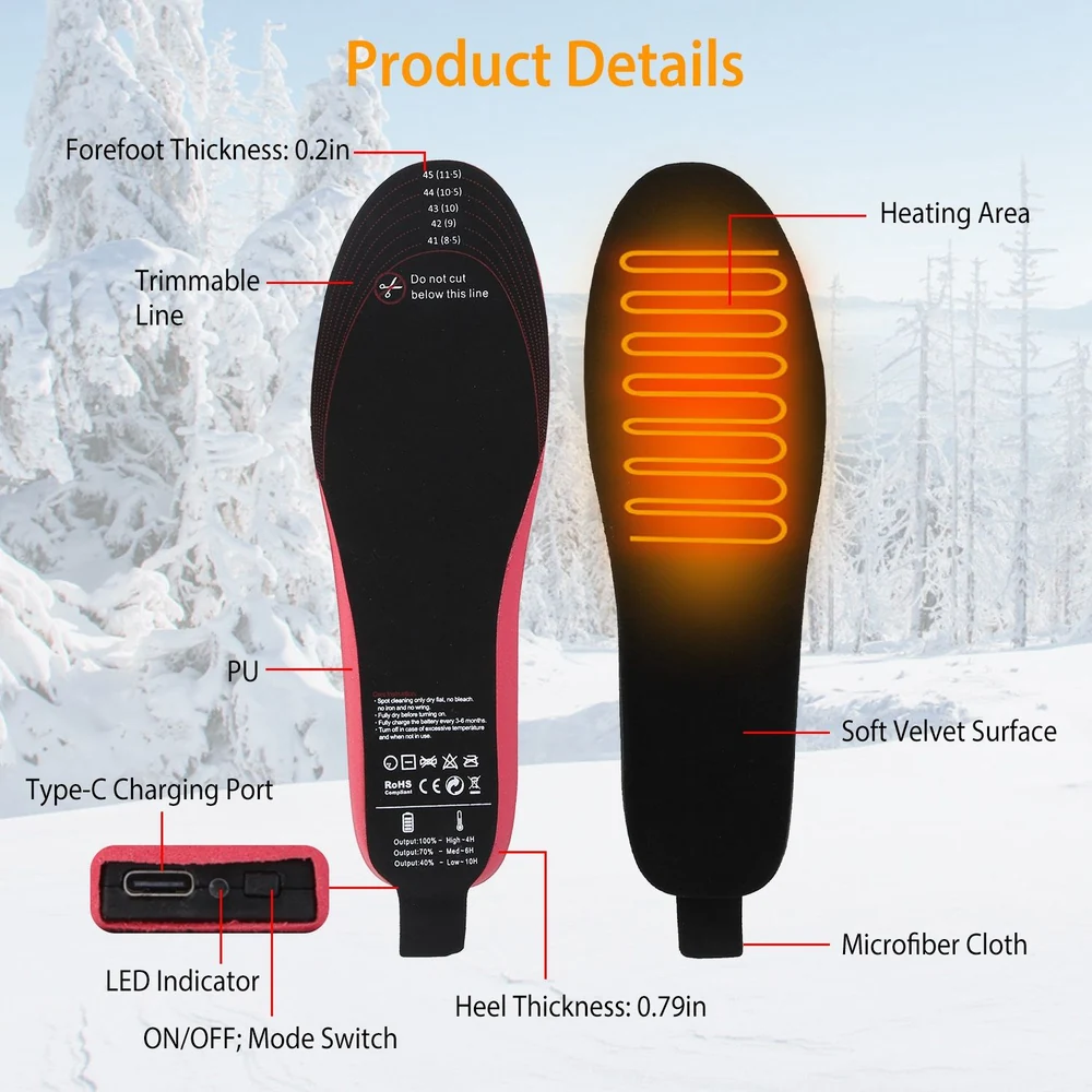 Heated shoe insole with trimmable design, featuring a soft velvet surface, LED indicator, Type-C charging port, and detailed specifications including thickness measurements for optimal comfort and warmth in cold weather.