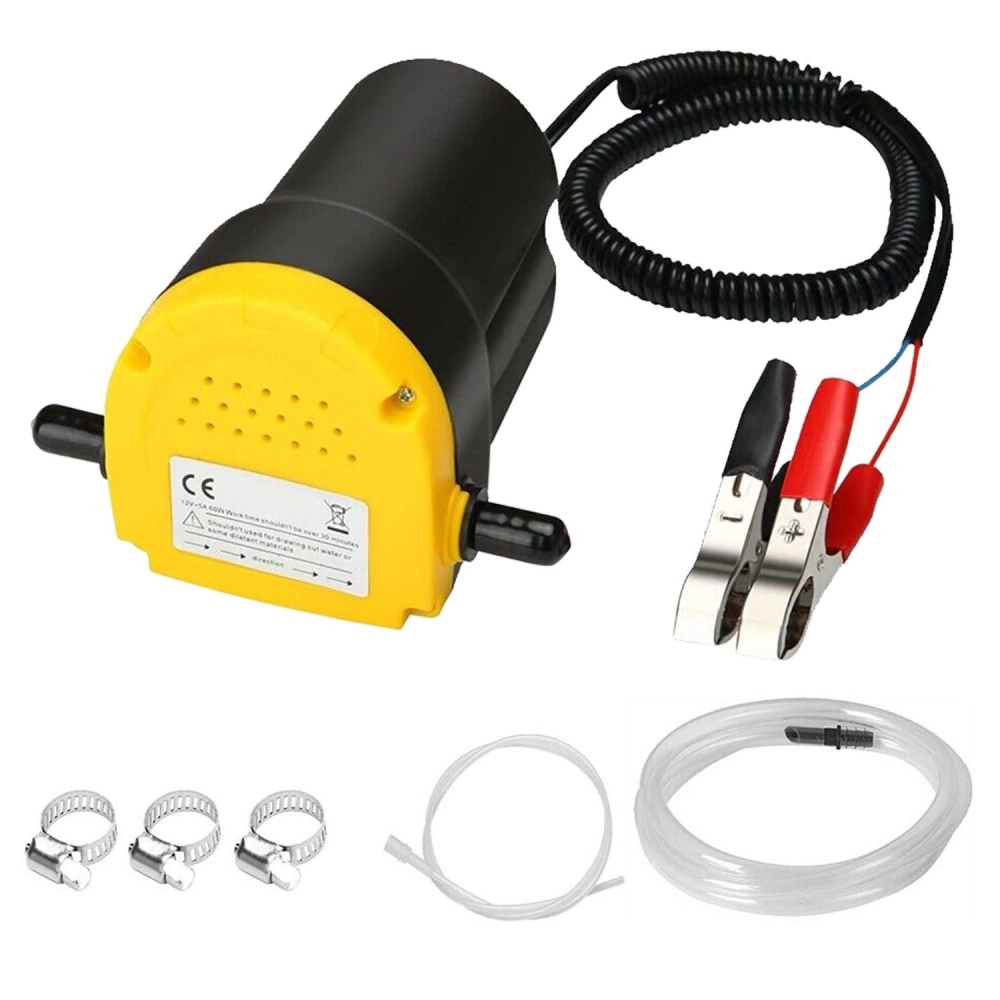Compact electric pump with yellow casing, black body, and accessories including alligator clips, hose clamps, and clear tubing for versatile liquid transfer applications.