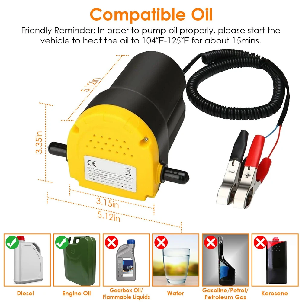 Electric oil pump with yellow cap and black body, featuring a coiled wire for attachment, suitable for non-flammable liquids like diesel and engine oil, highlighting incompatible oils like water and gasoline.