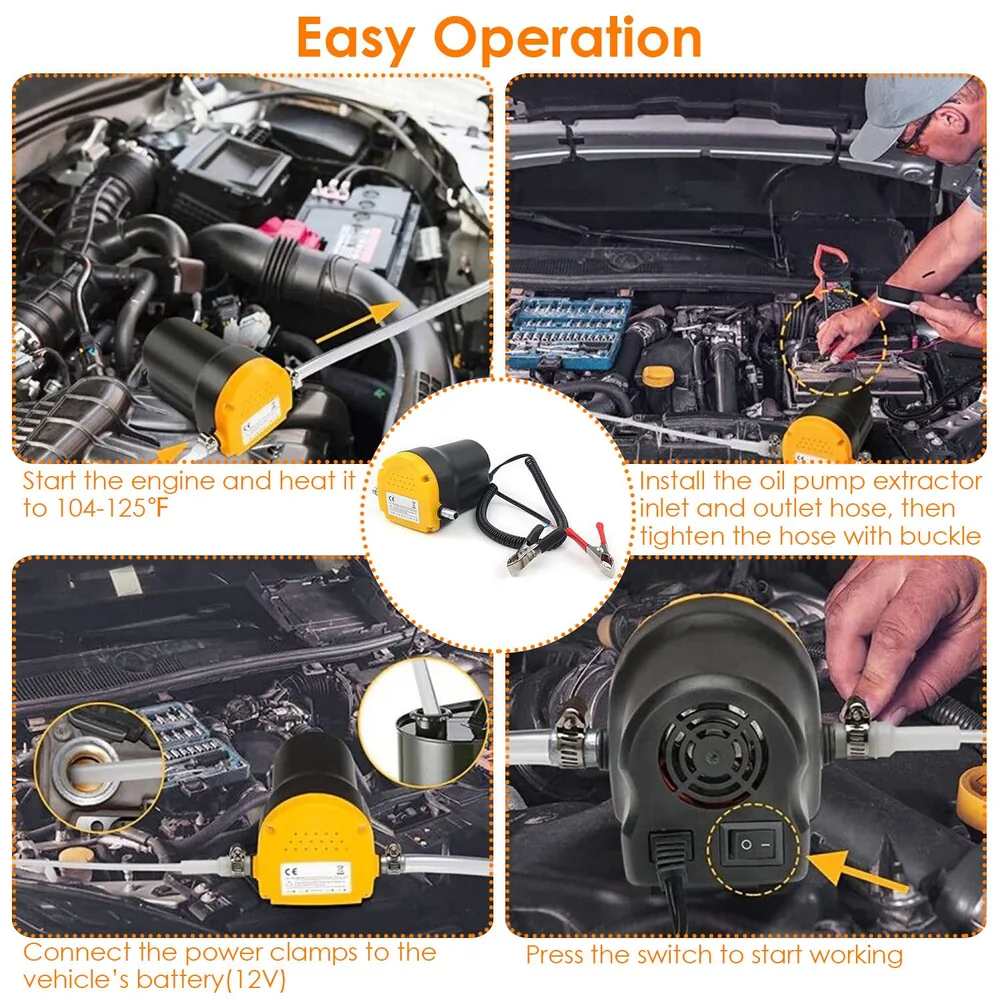 Oil pump extractor with installation steps and connection details for easy operation under the hood of a vehicle, demonstrating use with engine heating instructions, power clamp connections, and switch activation.