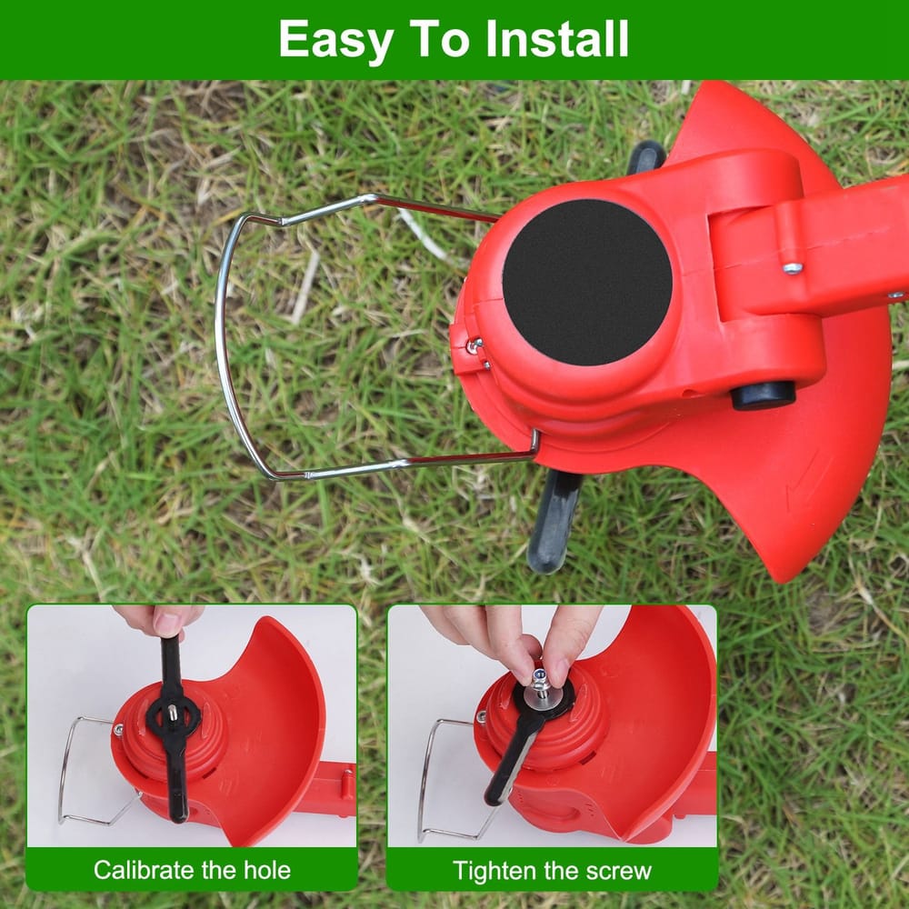 Red grass trimmer head with installation instructions highlighting easy calibration and tightening steps, set on green grass background.