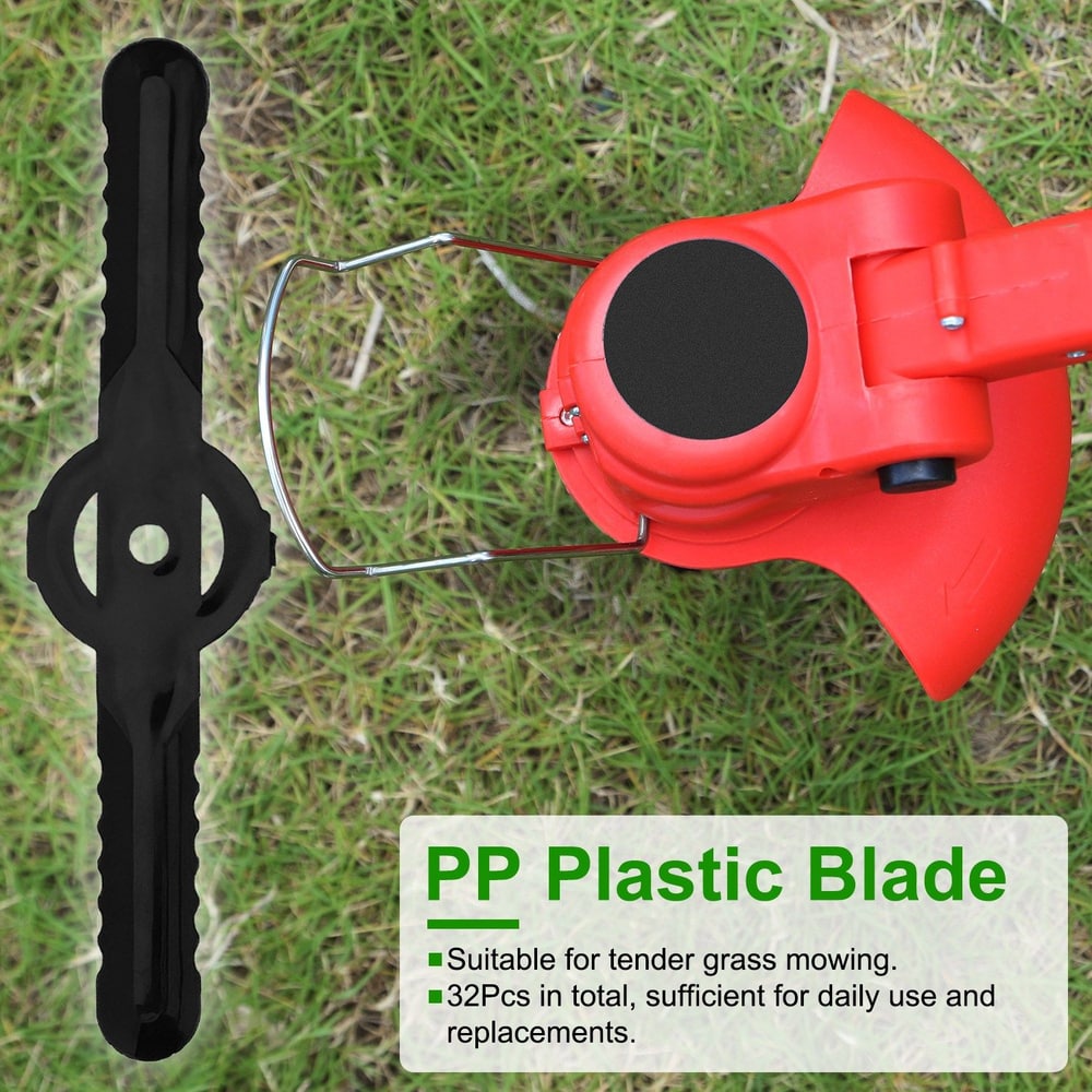 Black PP plastic blade for lawn trimmer, designed for mowing tender grass, displayed alongside a red trimmer head, with a total of 32 pieces available for daily use and replacements.