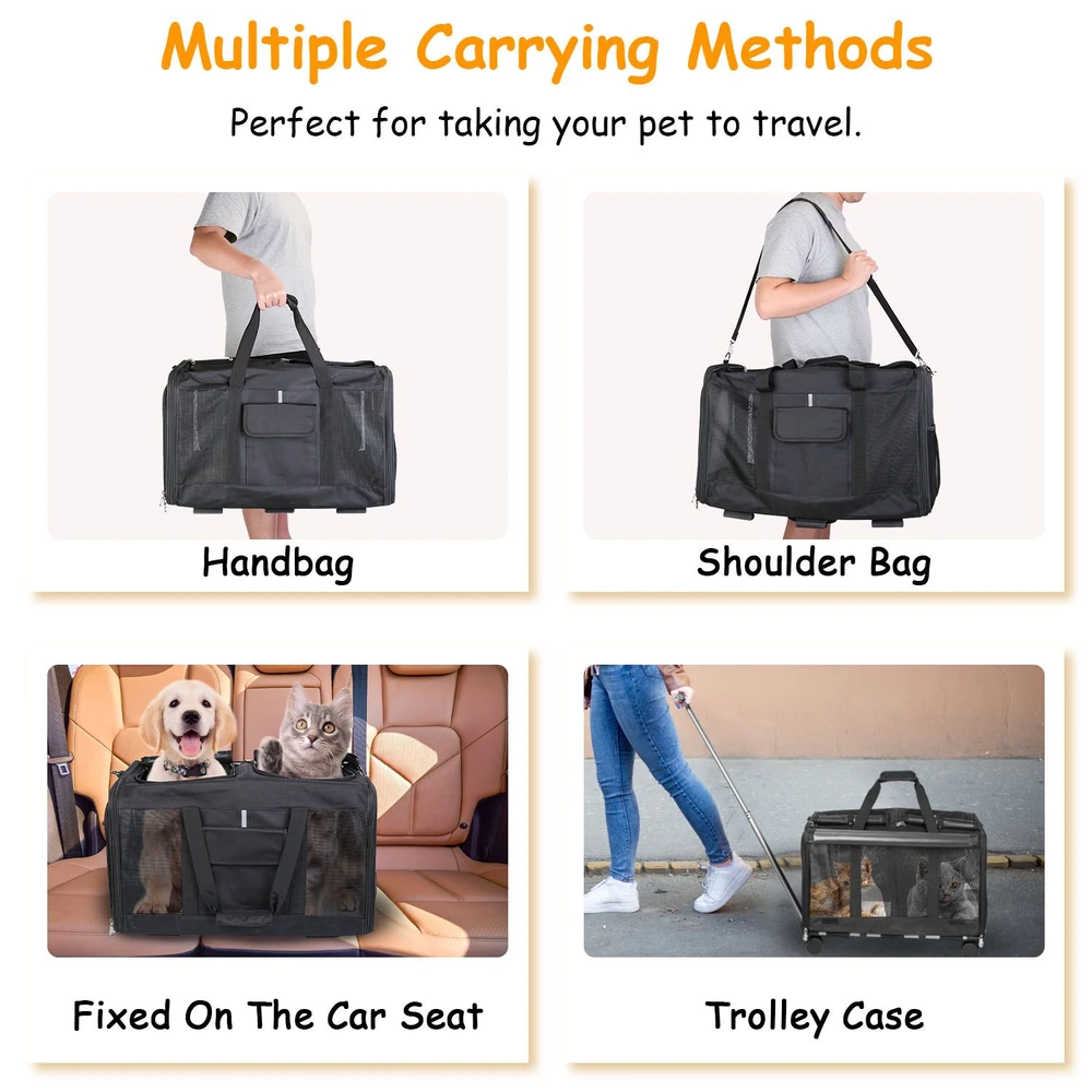 Versatile pet carrier featuring multiple carrying options: handbag, shoulder bag, secured car seat, and trolley case, ideal for traveling with pets.
