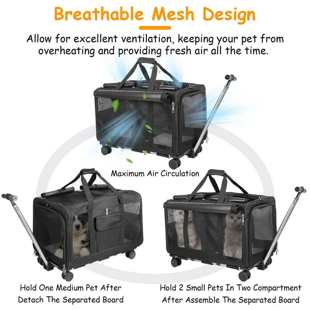 Breathable mesh pet carrier with maximum air circulation, designed to hold one medium pet or two small pets in separate compartments, featuring wheels and a retractable handle for easy transport.