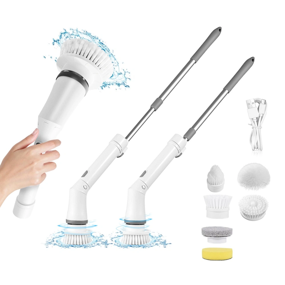 Electric cleaning brush with detachable heads, ergonomic handle, charging cable, and various brush attachments for versatile cleaning solutions.
