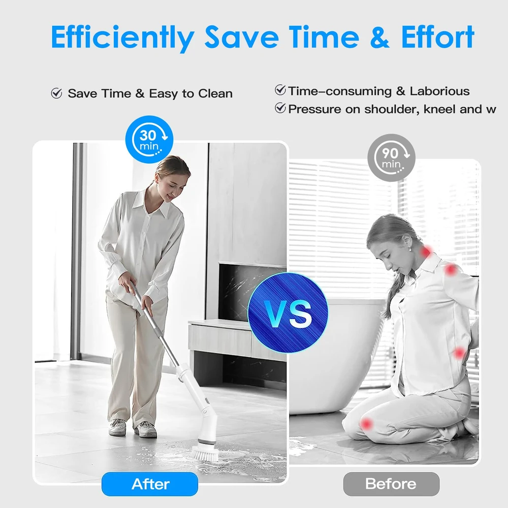 Comparison image showing the efficiency of a cleaning tool: left side depicts a person easily cleaning a floor with a modern mop in 30 minutes, while the right side shows a person kneeling and struggling to clean for 90 minutes, highlighting time-saving and ergonomic benefits.