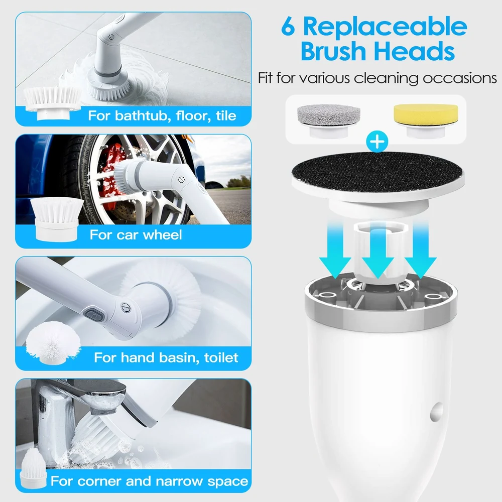 Image of a multifunctional cleaning tool with six interchangeable brush heads, designed for various cleaning tasks including bathtubs, car wheels, hand basins, and corners; showcasing the versatility and functionality of each brush head attachment.
