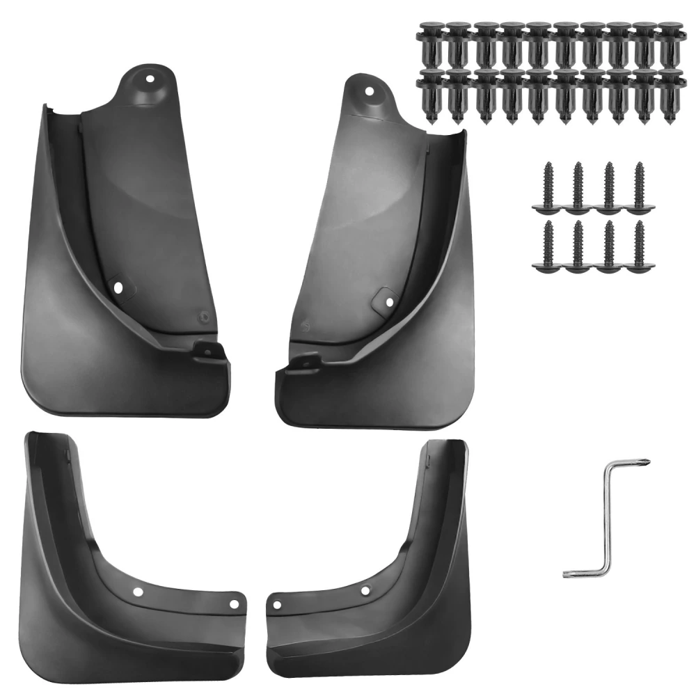 Set of four durable black mud flaps with installation screws and tools for vehicle protection against mud, debris, and water damage.